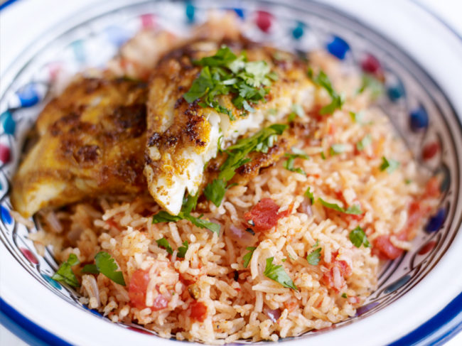 Tunisian tomato rice with chermoula fish