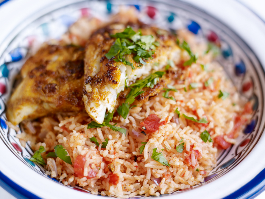 Tunisian tomato rice with chermoula fish
