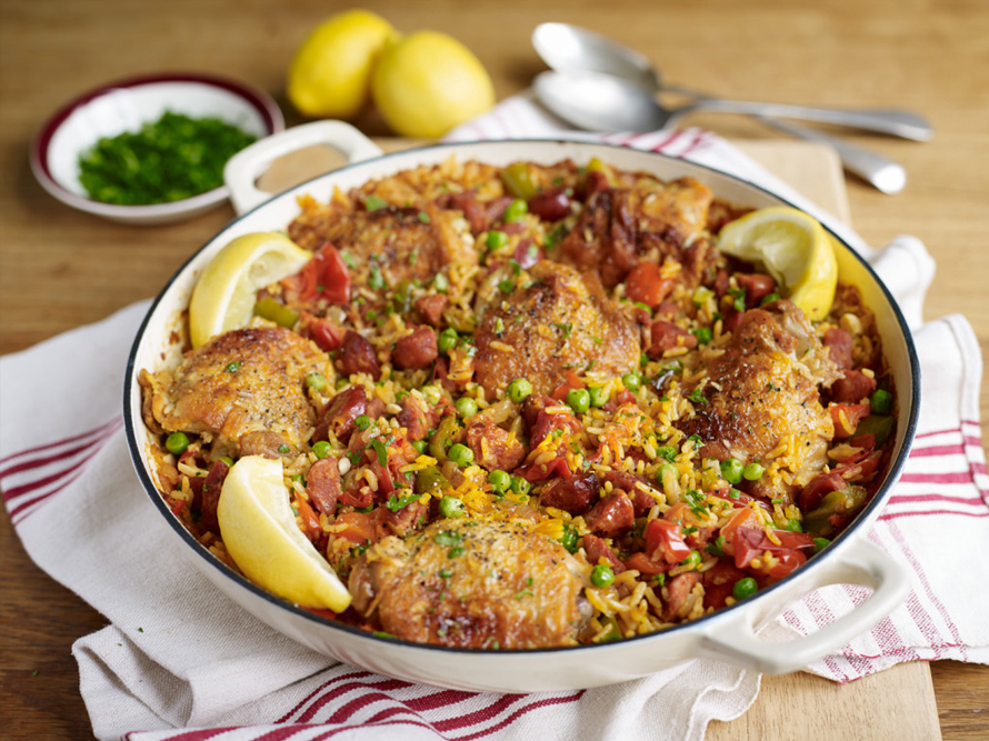 Baked Amira Paella with peppers, chorizo & chicken